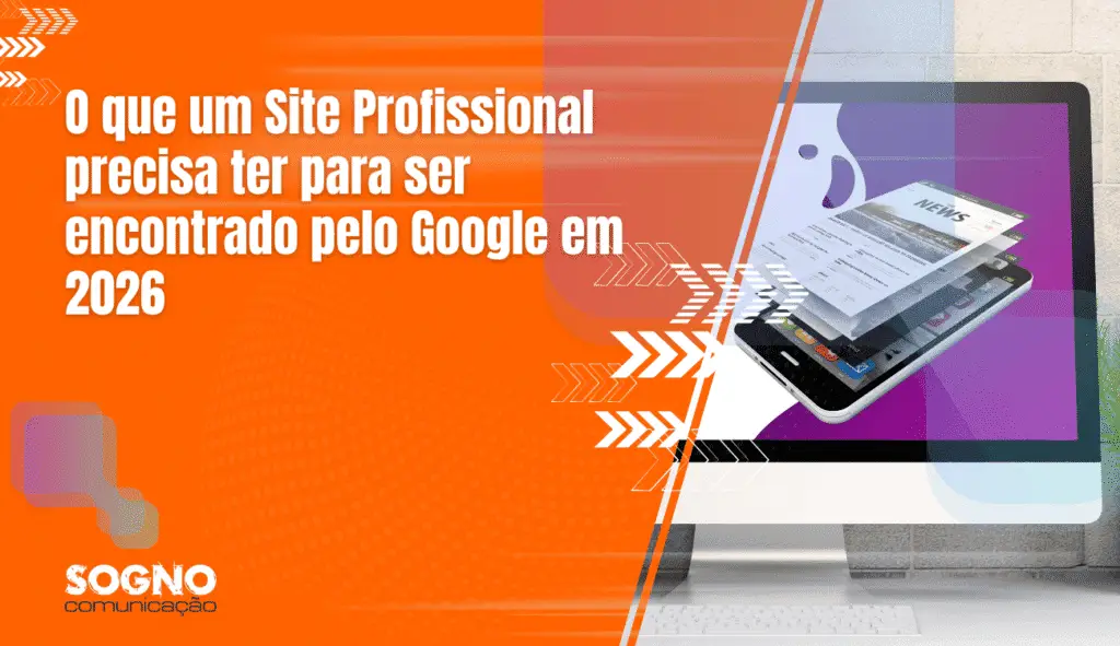 Imagem de capa do Artigo: O que o site profissional preter ter, a maior parte com a cor laranja e a parte a direita com um monitor ligado mostrando notícias